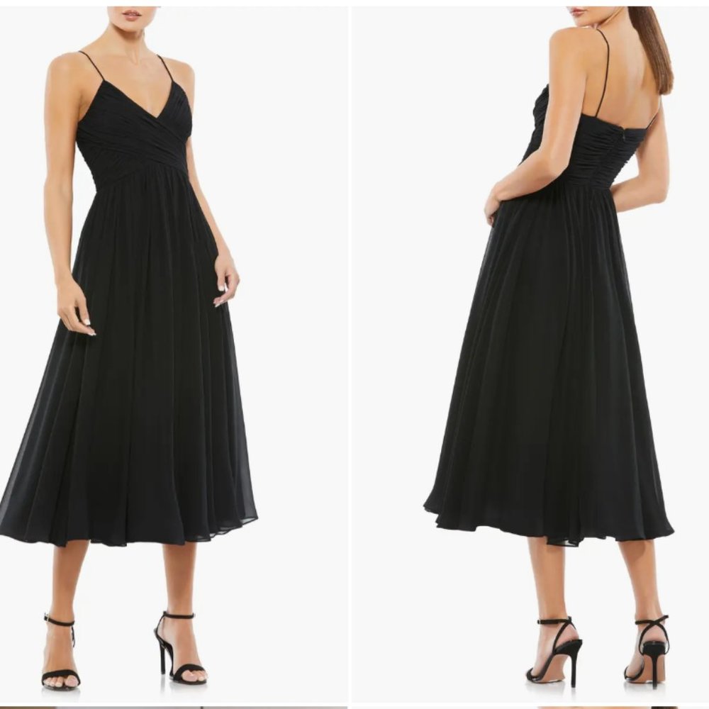 MAC DUGGAL SURPLICE RUCHED FAUX WRAP CHIFFON BLACK MIDI DRESS sz XS